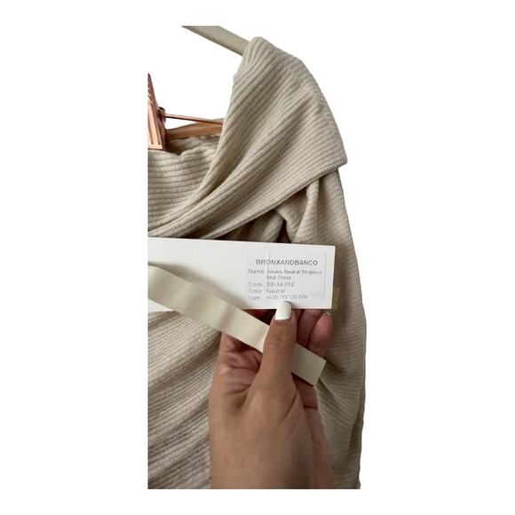 Bronx and Banco Amara Midi Dress Ruched Off the Shoulder Linen Neutral M/US 6 - Picture 9 of 16